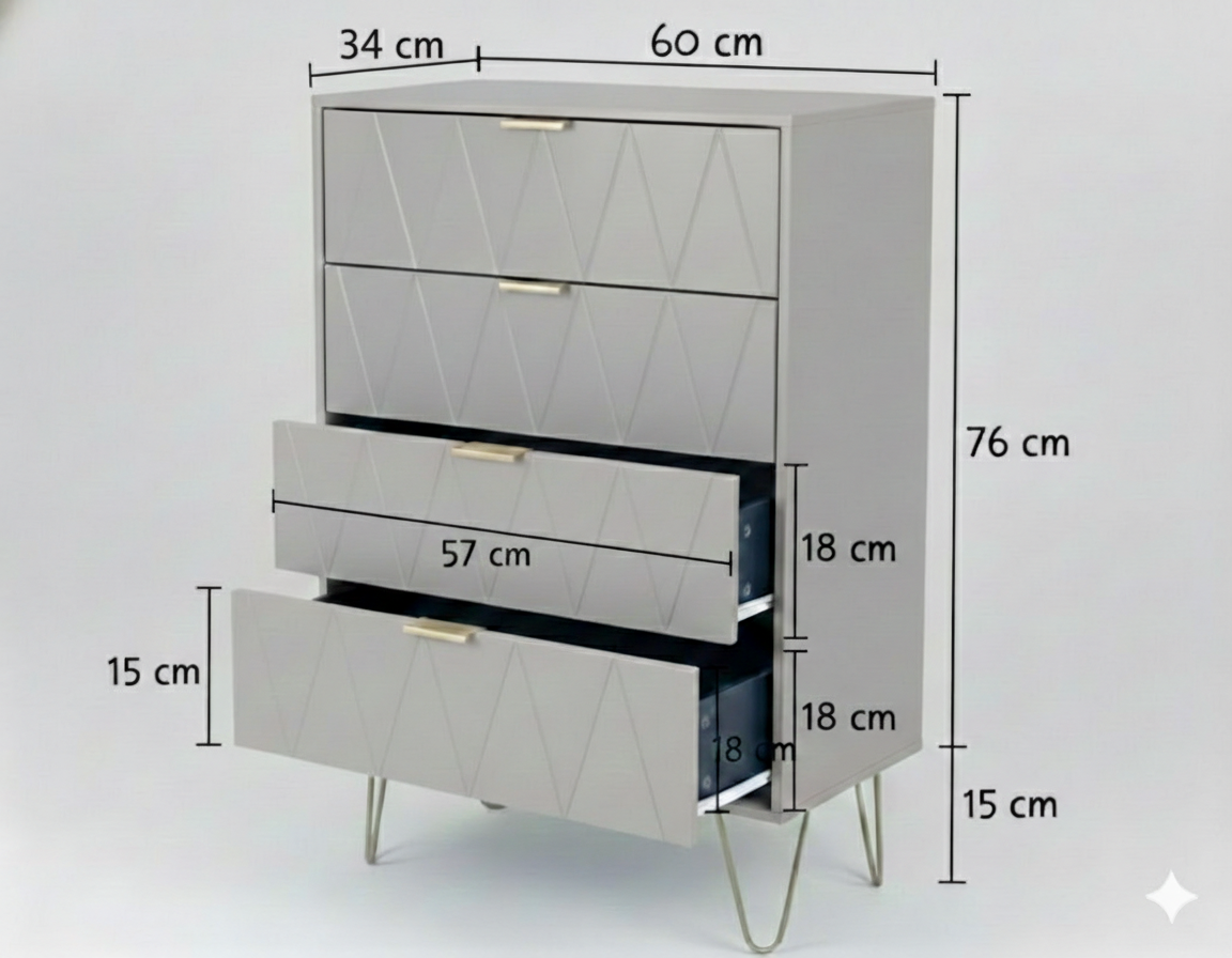 CURA Tall Boy Dresser 4 Drawer Tall Boy with Golden Handles