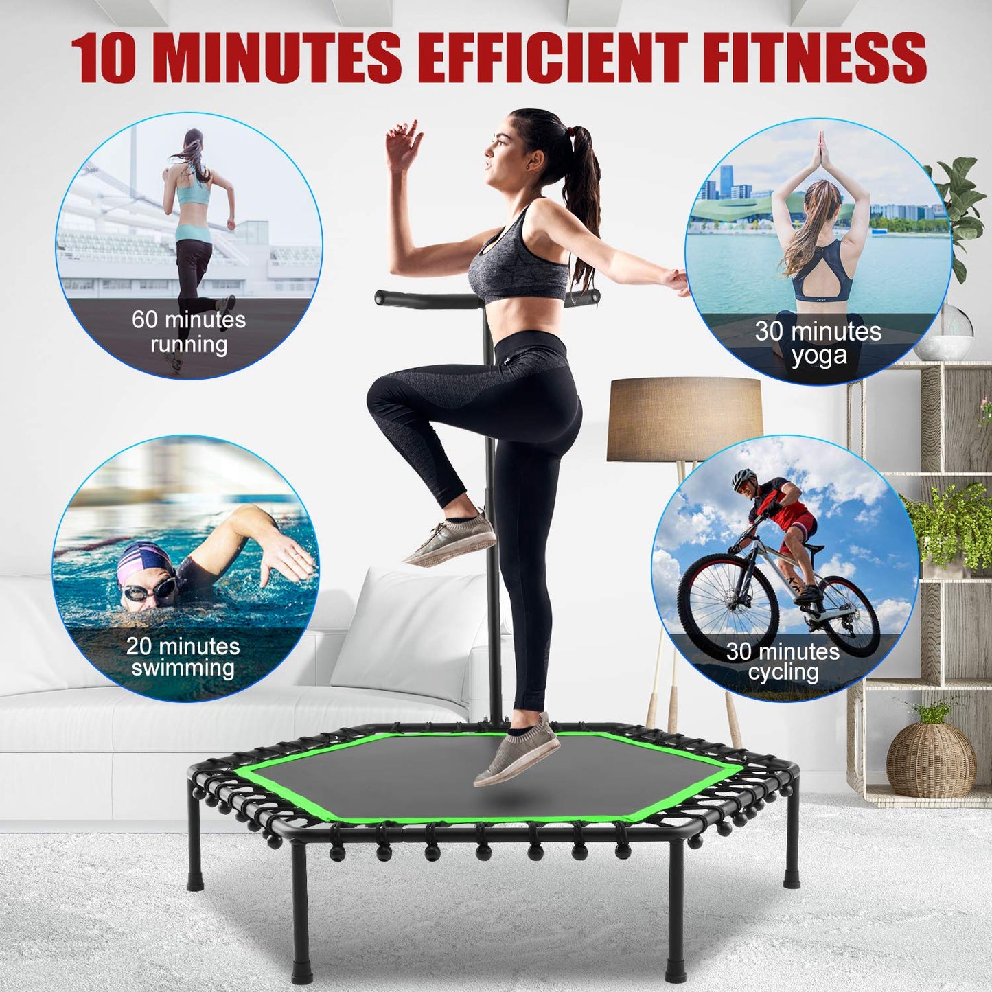 50" Fitness Trampoline with Handrail – Red Gym Cardio Rebounder