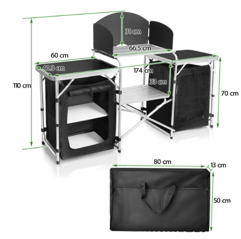 Deluxe Camping Kitchen - Foldable Portable Outdoor Cooking Station with Storage, Work Benches, and Steel Wind Shield