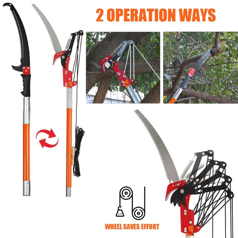 Manual Pole Saw - 2.24m to 8.24m Extendable Tree Pruner with Sharp Steel Blade & Scissors