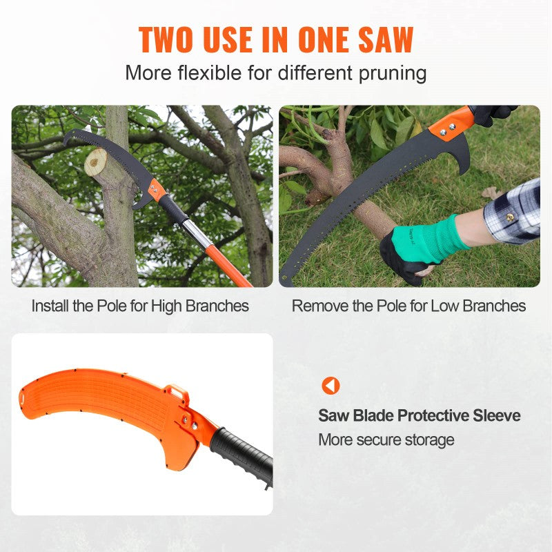 Manual Pole Saw - 2.24m to 8.24m Extendable Tree Pruner with Sharp Steel Blade & Scissors