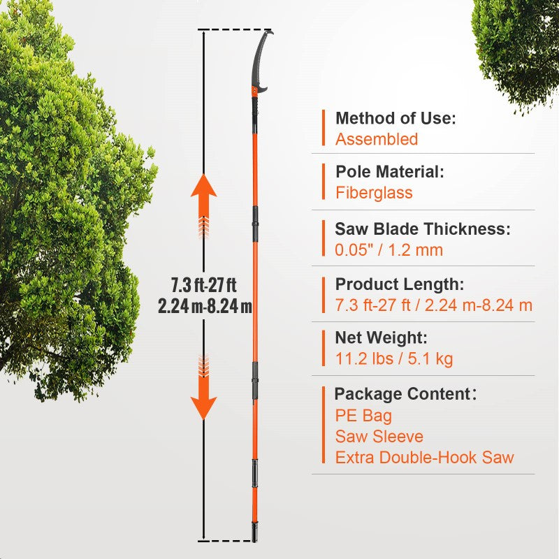 Manual Pole Saw - 2.24m to 8.24m Extendable Tree Pruner with Sharp Steel Blade & Scissors
