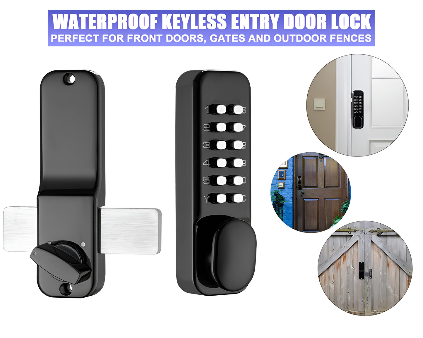 Mechanical Keyless Entry Door Lock - 12-Digit Keypad, Waterproof Zinc Alloy, Surface-Mounted Latch, Outdoor Gate Lock, Black
