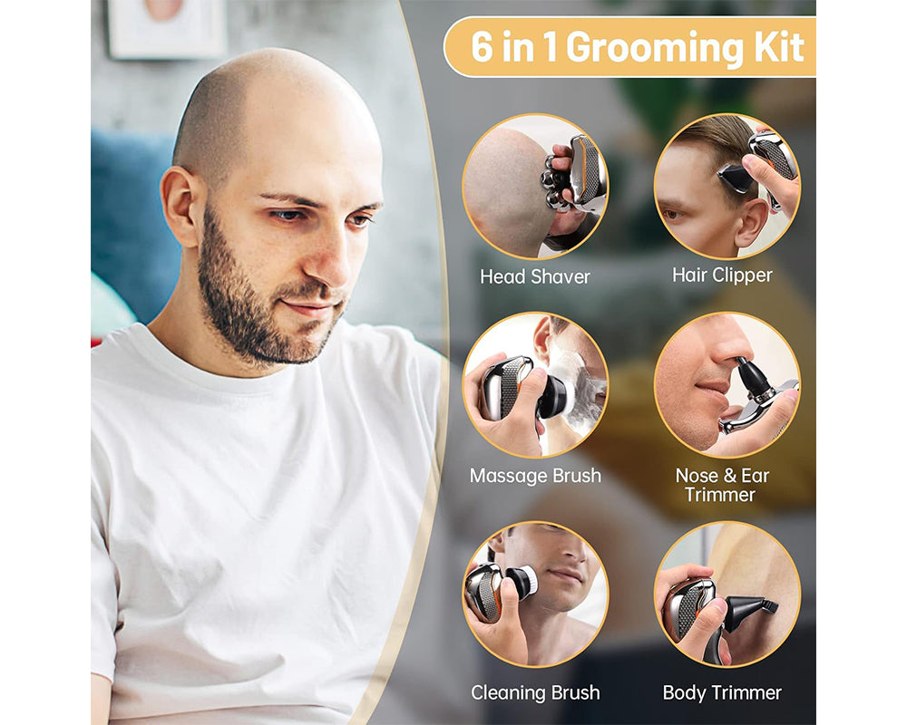7D Electric Head Shavers for Bald Men - 6 in 1 Waterproof Rechargeable Cordless Head Razor Grooming Kit with 7 Rotary Heads