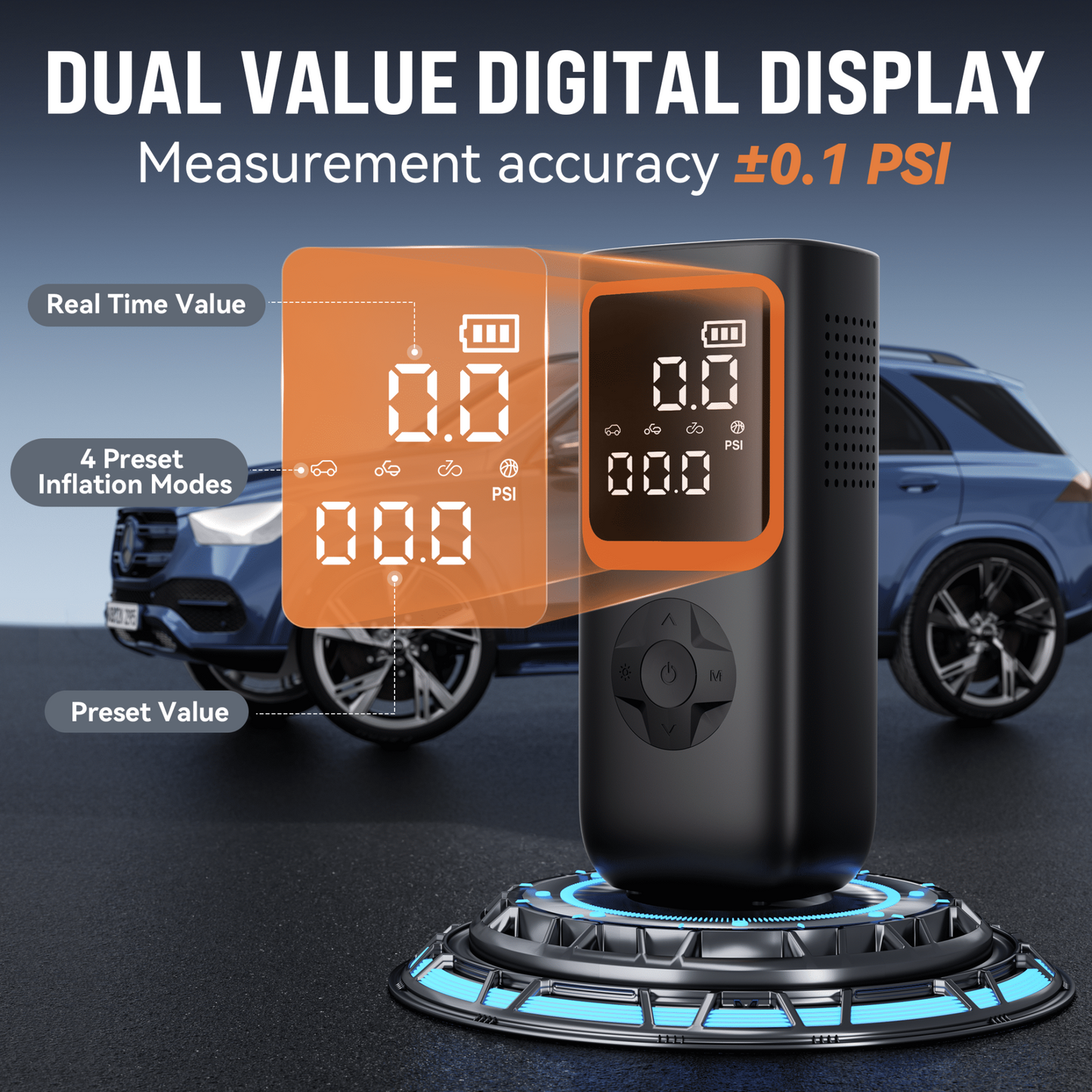 18000mAh Cordless Tire Inflator Portable Air Compressor – 150 PSI Air Pump with Automatic Shutoff, Rechargeable Battery, 12V DC, and LED Light