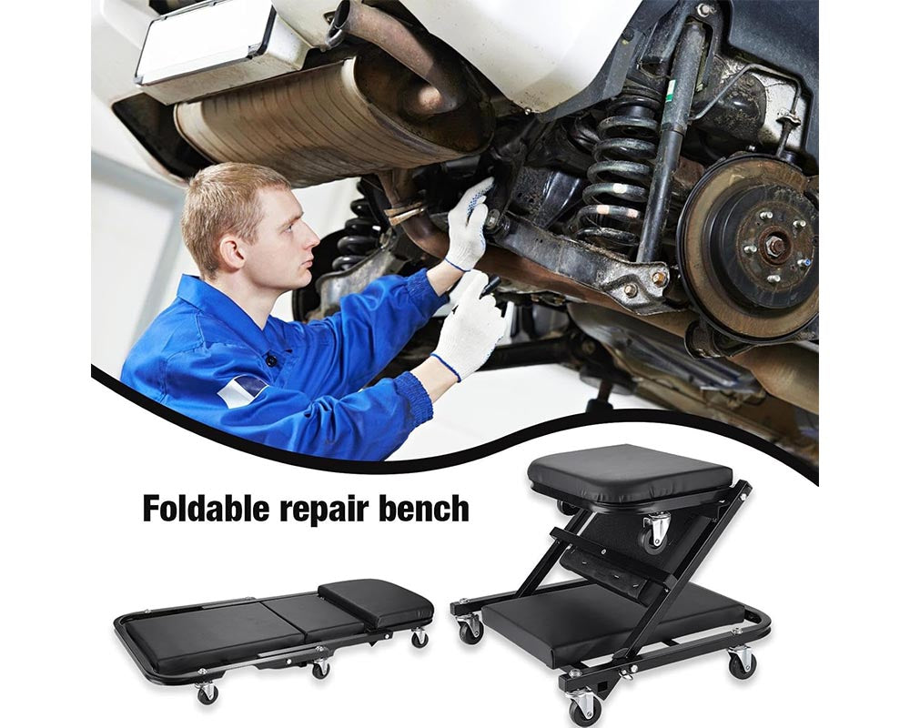 2-in-1 Folding Mobile Mechanics Car Creeper Trolley Chair – PU Padded Seat with Headrest, Portable Foldable for Garage and Workshop Use