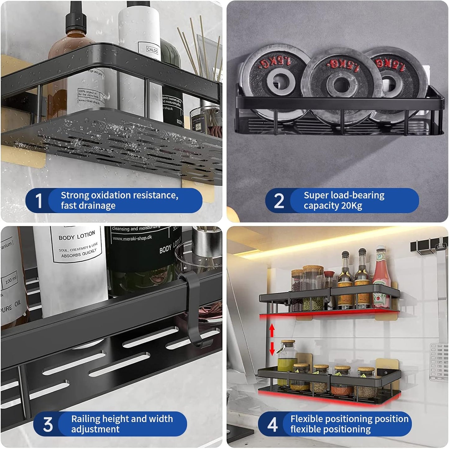 Shower Caddy Shelf Organizer Rack - 2 Pack Self-Adhesive Black Bathroom Shelves with Hooks