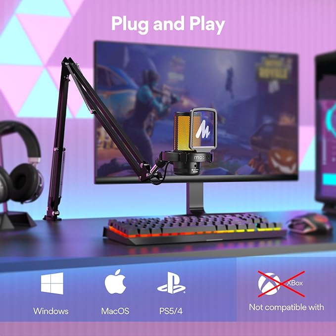 MAONO Gaming USB Microphone with RGB, Noise Cancellation & Boom Arm