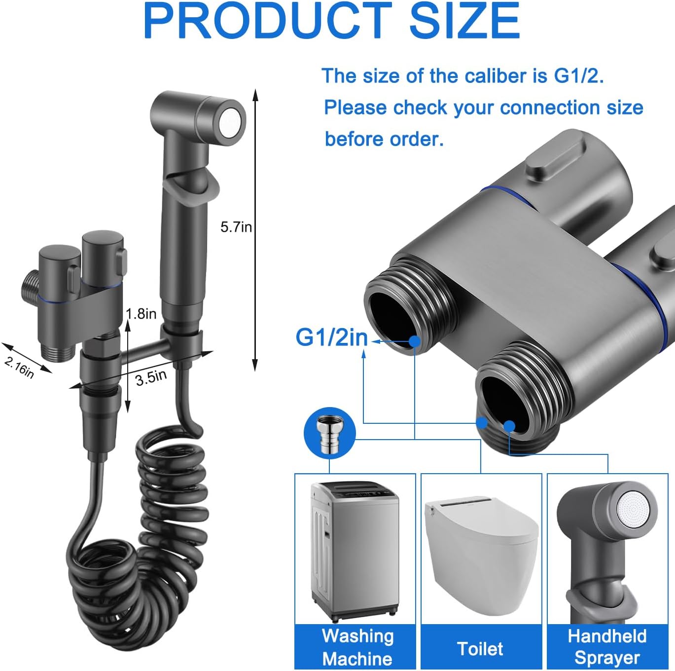 Handheld Bidet Sprayer for Toilet - Dual Control Valve Adjustable Water Pressure (Grey)