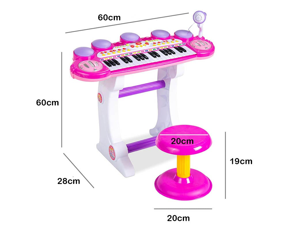 Kids Electronic Piano Pink 37-Key with Microphone Stool