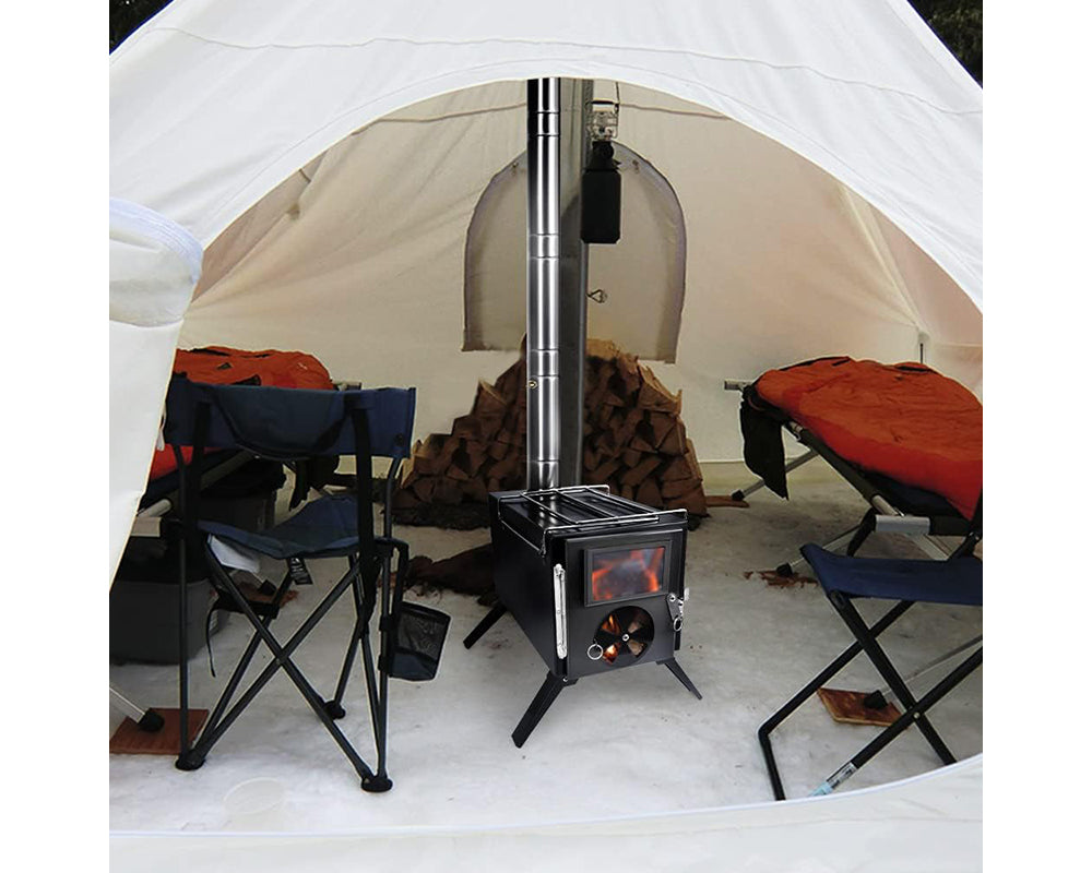 Portable Camp Wood Stove with Titanium Surface and Heat-Resistant Glass
