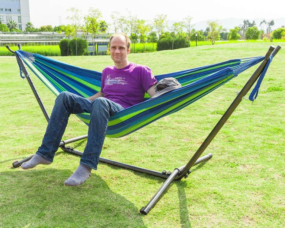 Double Hammock with 9 FT Stand, Space-Saving Steel Stand and Portable Carrying Bag for Outdoor or Indoor (Red Yellow)