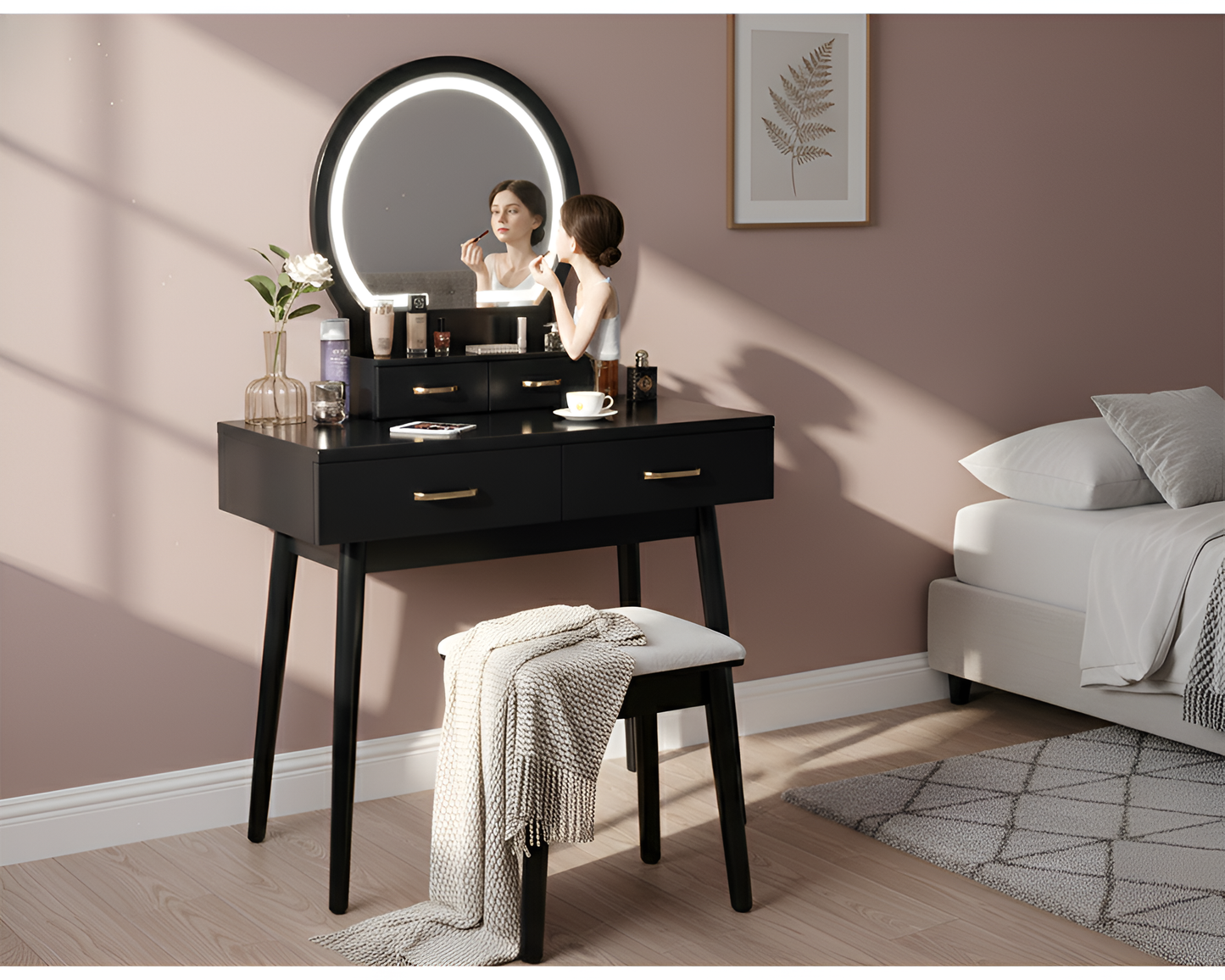 CURA Vanity Dressing Table with Lighted Mirror and Stool