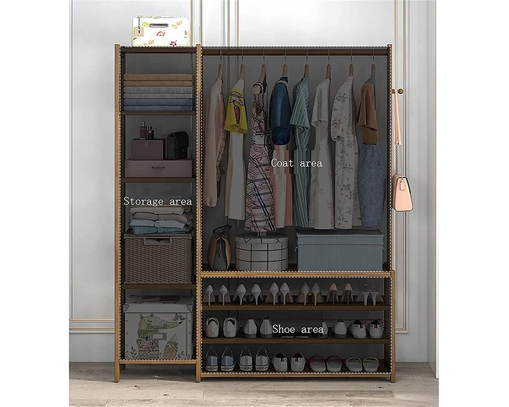 Bamboo Wardrobe Clothes Rack – Freestanding Closet Organizer with Storage Shelves & Shoe Racks (80CM)
