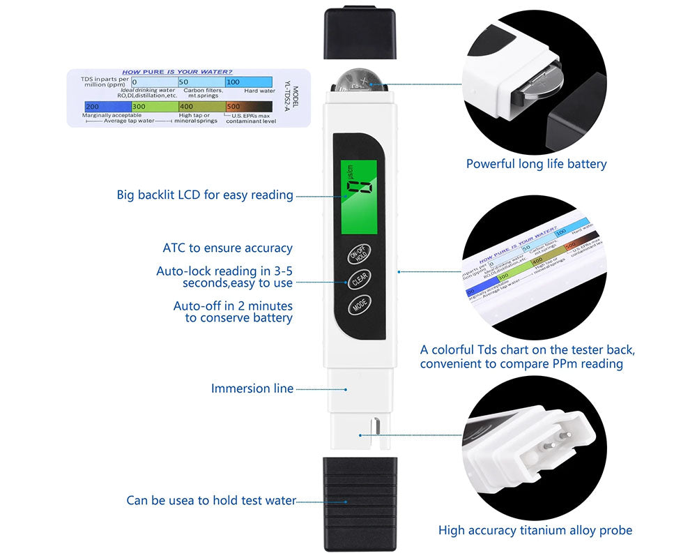 TDS Tester Digital Water Quality Meter 3 in 1 Professional Water Purity Tester
