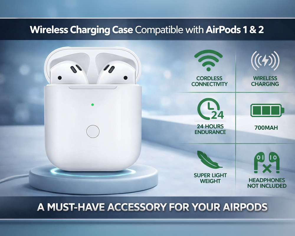 Replacement Wireless Charging Case Compatible with AirPods 1 & 2 – 700mAh Charger Case White