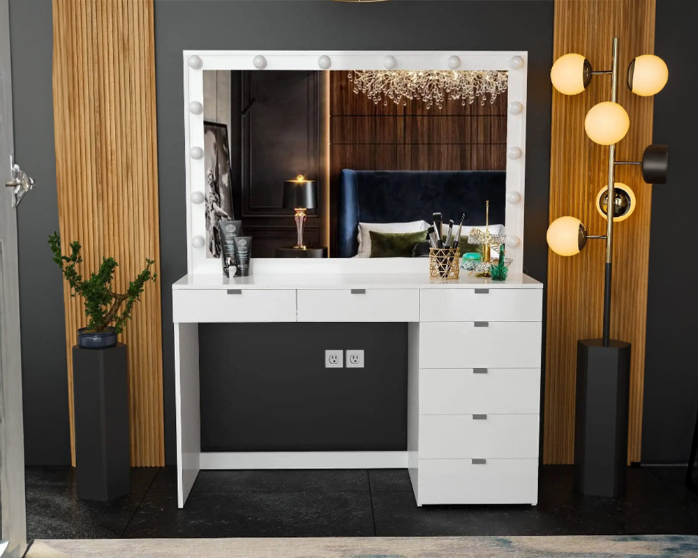 CURA Vanity Dressing Table with HD Mirror, Hollywood Lights & Charging Station