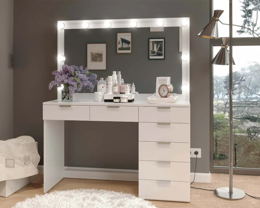 CURA Vanity Dressing Table with HD Mirror, Hollywood Lights & Charging Station