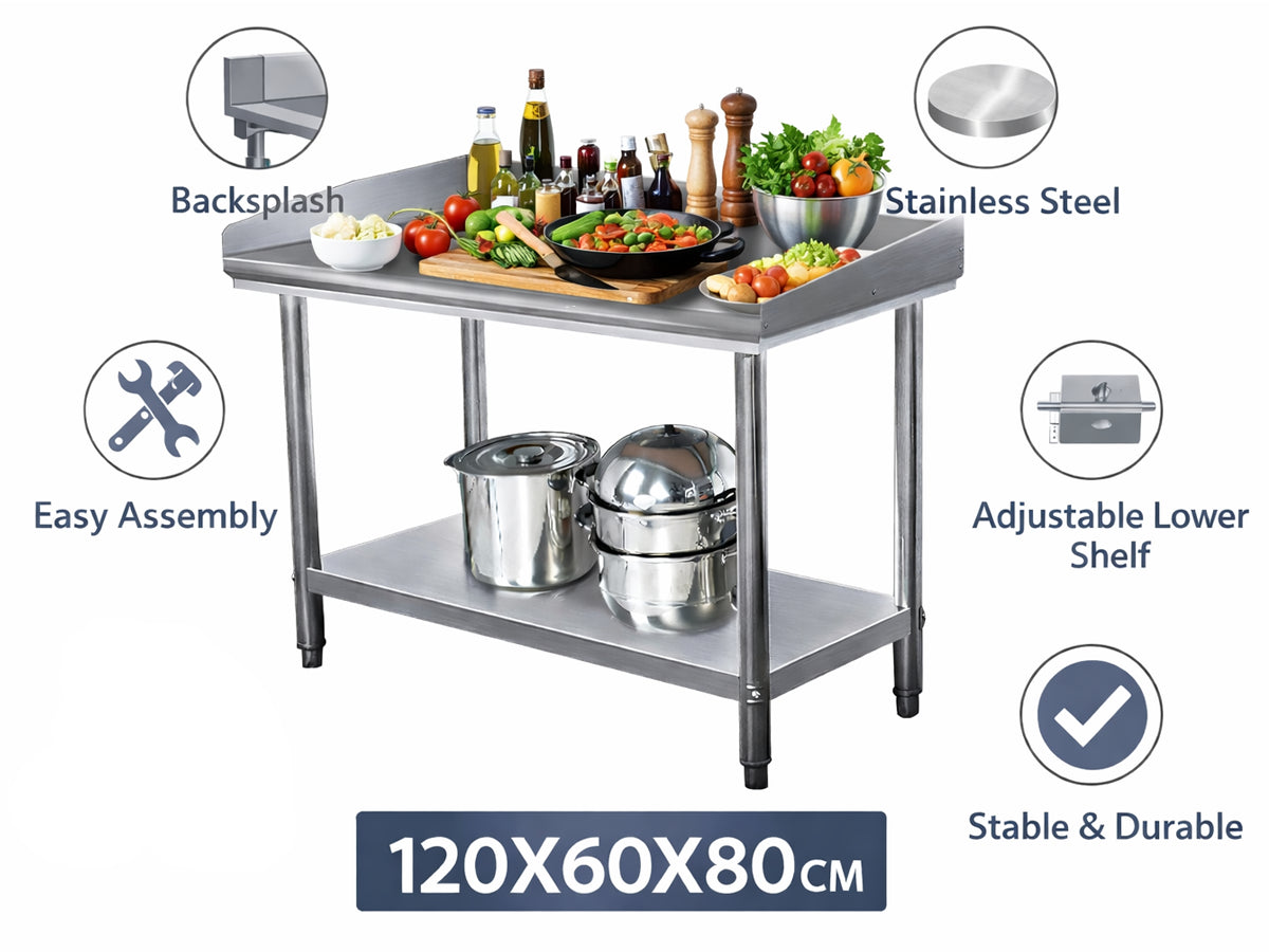 Stainless Steel Kitchen Worktable – 120cm Commercial Food Prep Table with Backsplash