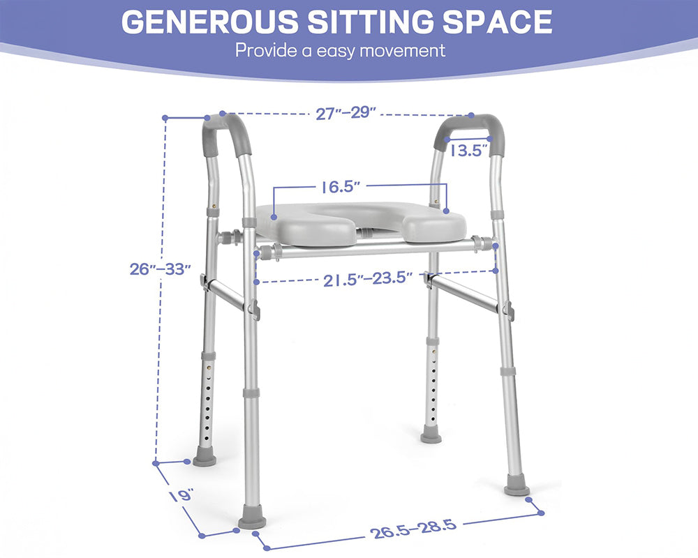 Raised Toilet Seat with Handles Adjustable & Padded Toilet Riser for Seniors, Handicap & Pregnancy Support, with Non-Slip Safety Rails and Storage Pouch