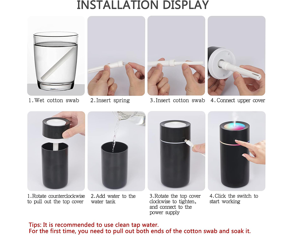 USB Portable Humidifier – 320ml Quiet Cool Mist Air Humidifier with LED Night Light for Home & Office