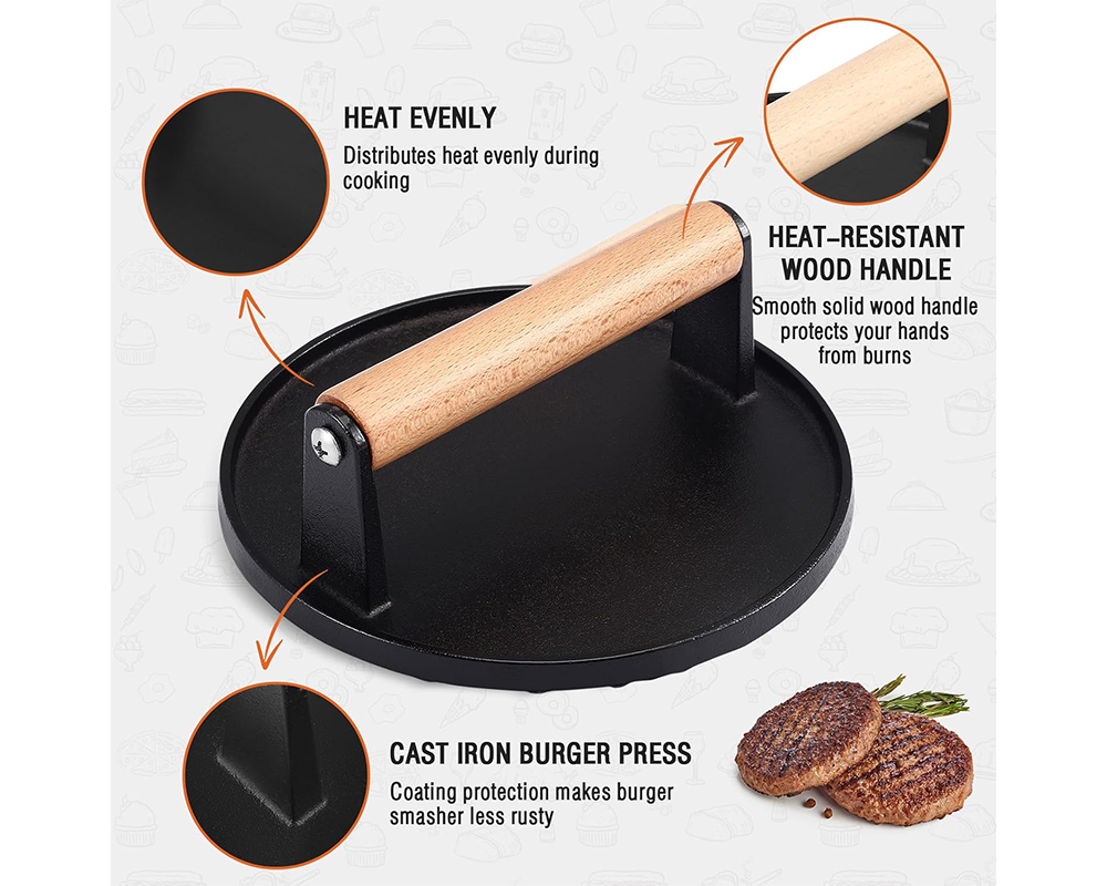 Cast Iron Smash Burger Press Heavy Cast Iron Smash Burger Press for Bacon & Burgers