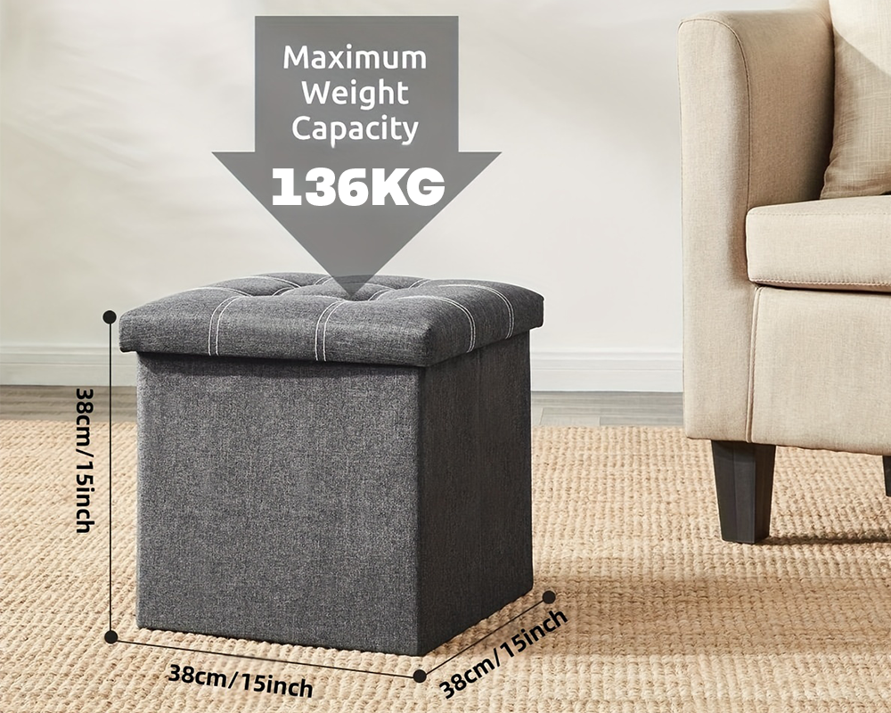 Storage Ottoman Bench – Grey Foldable Fabric Seat with Tufted Cushion & Hidden Storage Box