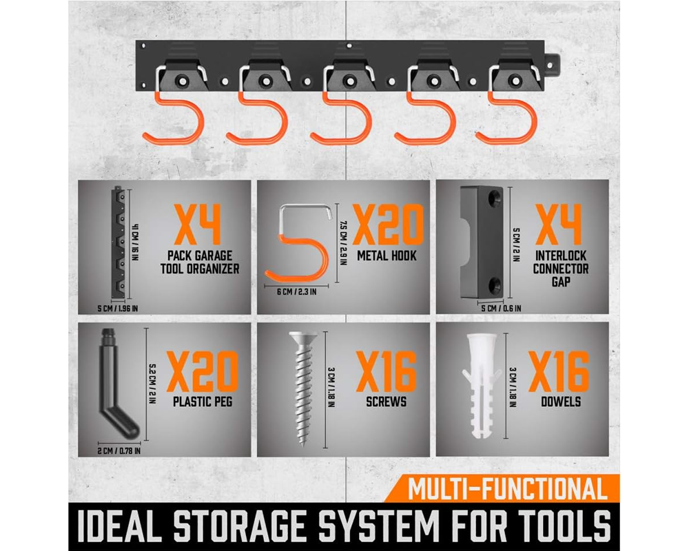 Adjustable Garden Storage System – 64" Wall Mount Tool Organiser with 20 Hooks for Broom, Mop, Shovel & Rake