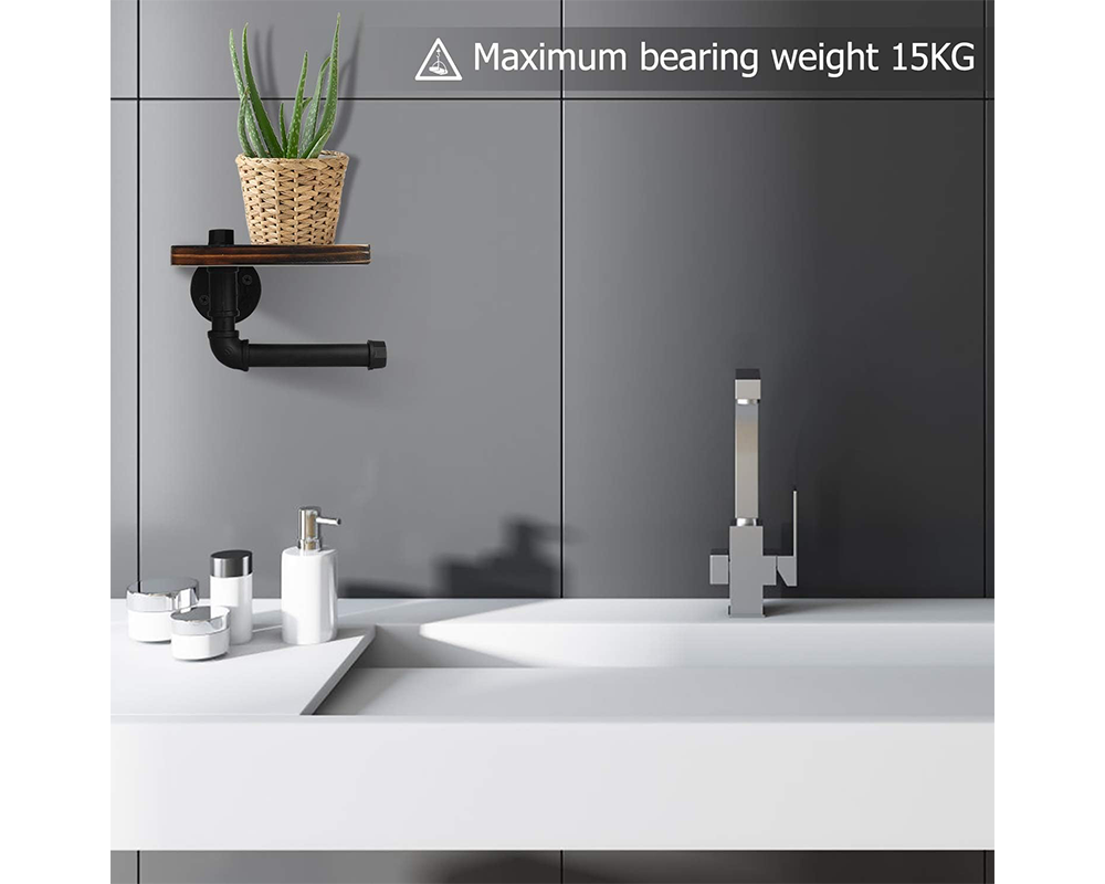 Rustic Toilet Paper Holder with Wooden Shelf – Industrial Farmhouse Bathroom Decor