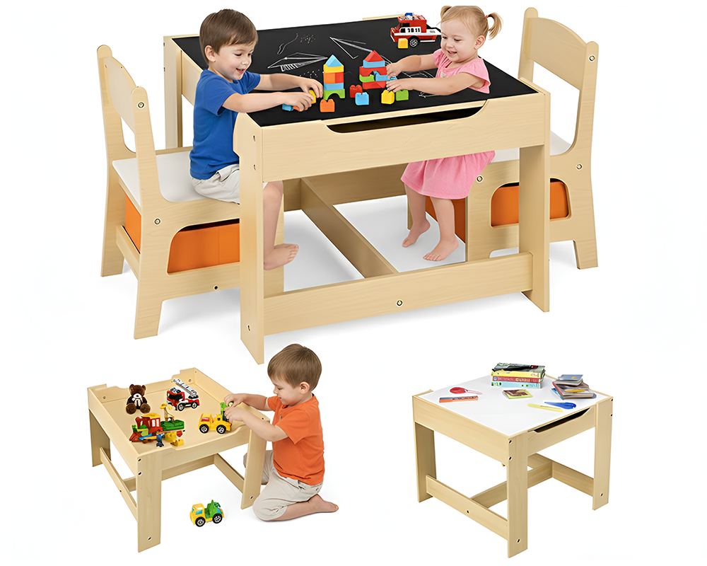 Table and Chairs Set – 3 Piece Wooden Desk with Storage Drawers