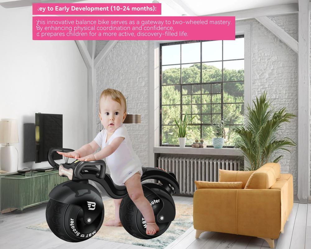 Super Ride-On Balance Bike with Music & LED Lights – Parent Push Handle Training Biker