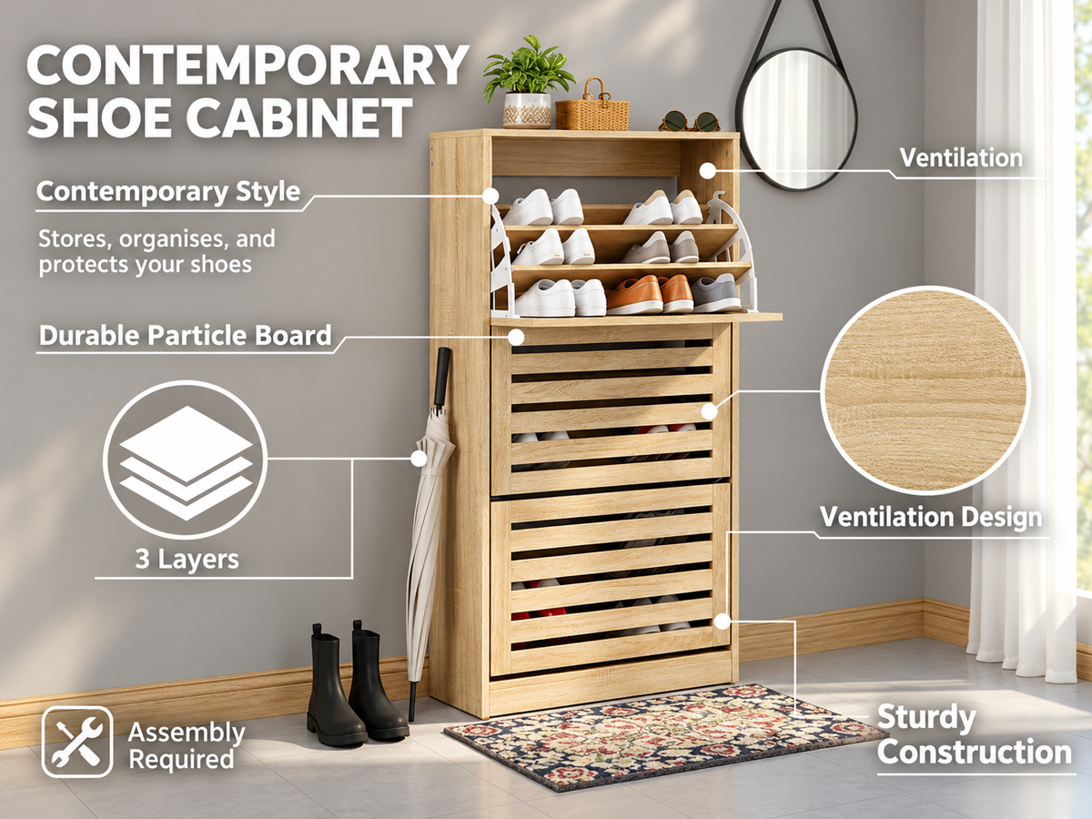 Shoe Cabinet 3 Tier Wooden Storage Organiser with Adjustable Shelves