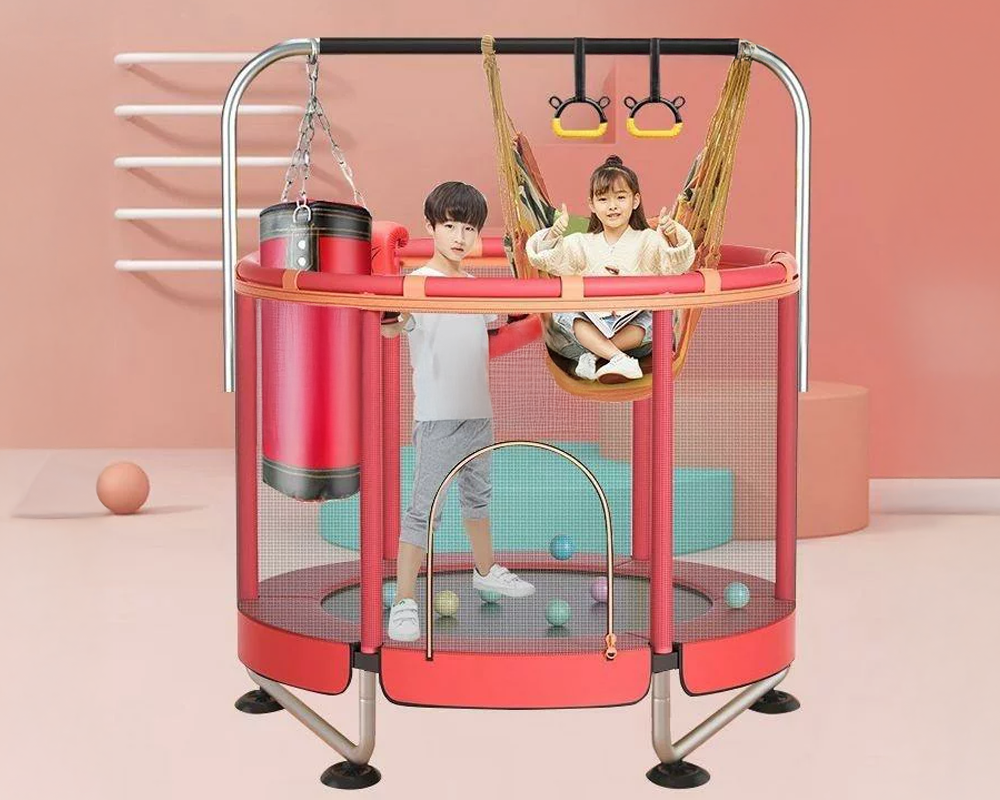 1.2m Trampoline with 360° Armrest, Guard Net & Basketball Hoop for Young Ones