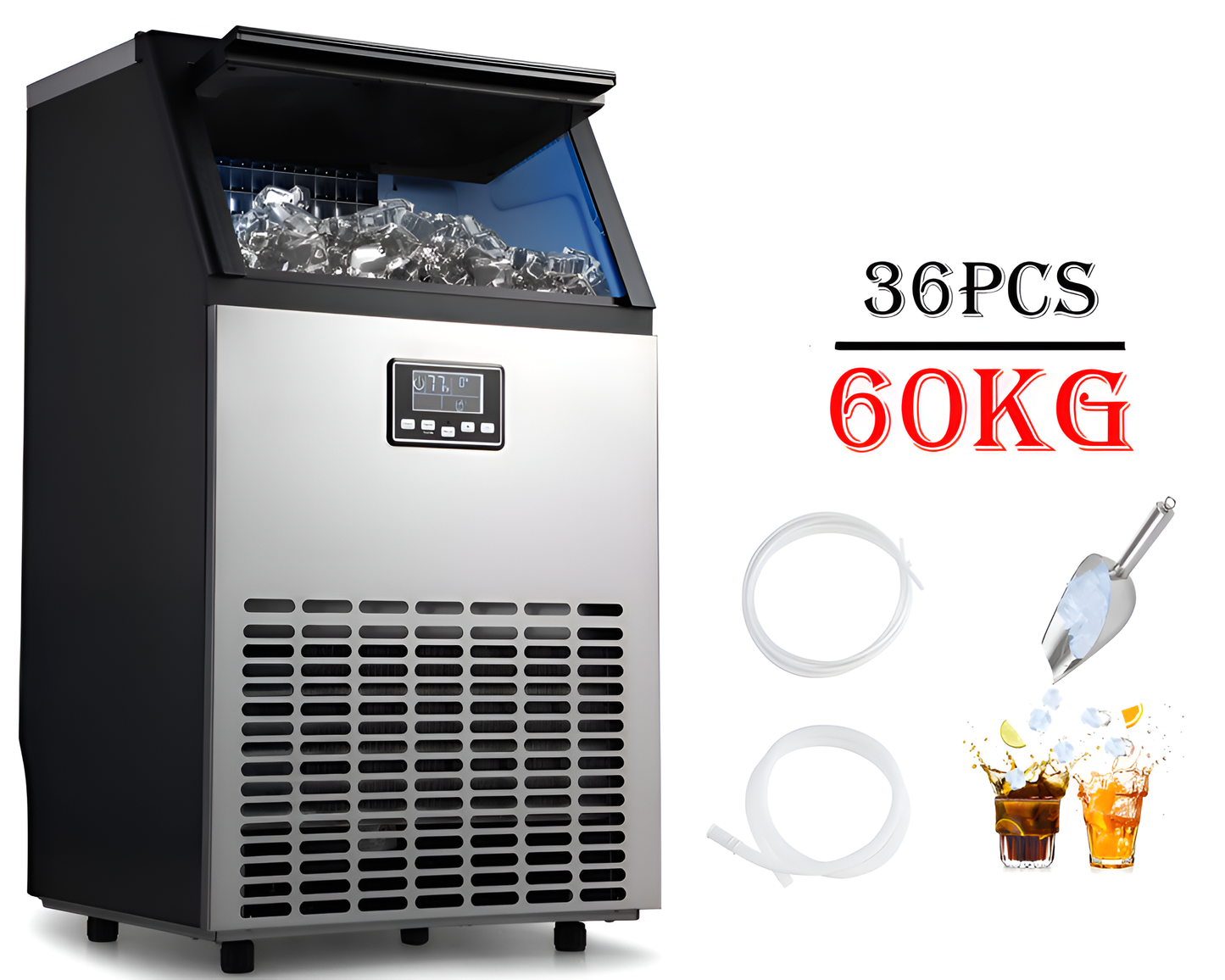 Commercial Bullet Ice Maker 60KG Ice Machine 45 Cube Tray LED Display