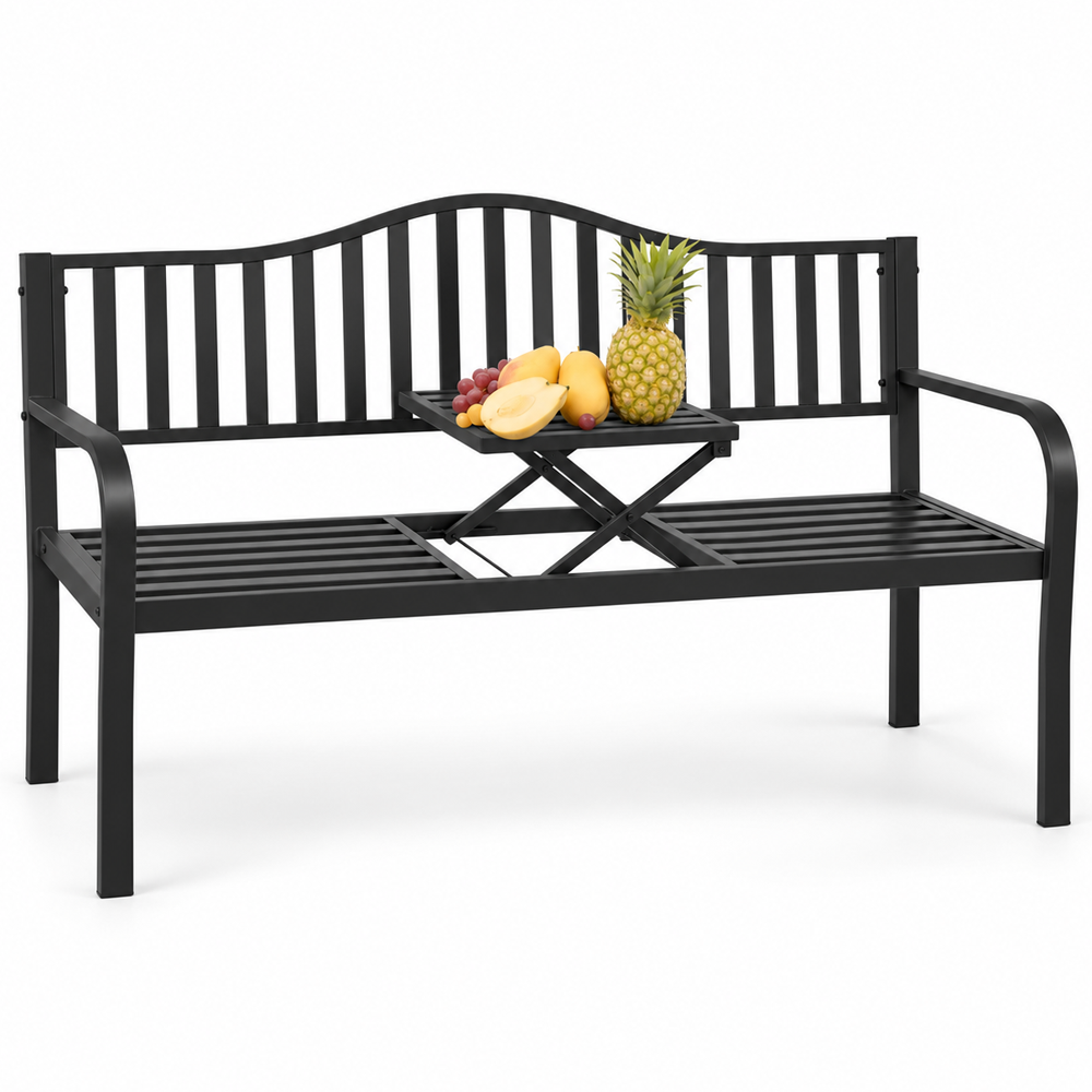 Outdoor Steel Garden Bench with Foldable Table