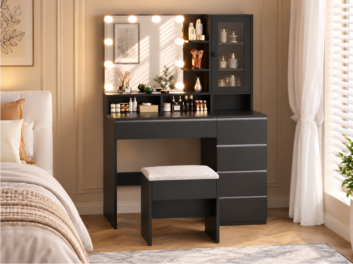 Dressing Table With Mirror LED Lights 6 Drawers Storage Stool Power Outlet