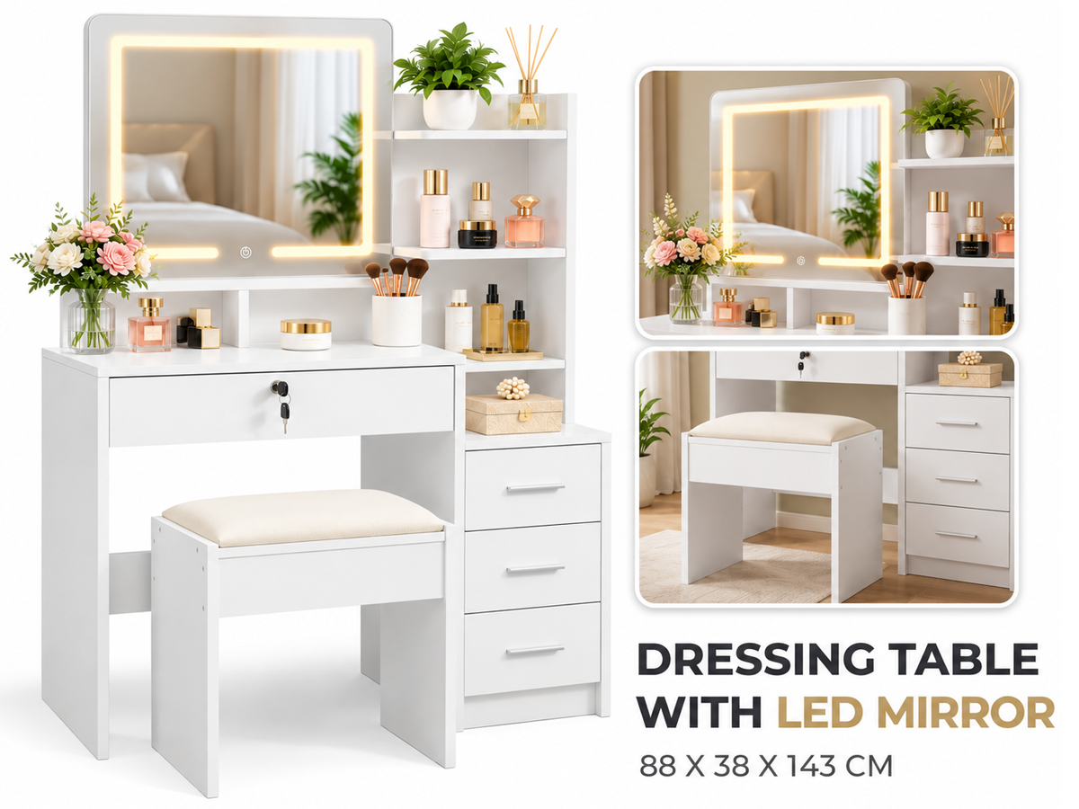 Dressing Table with LED Mirror Cushioned Stool