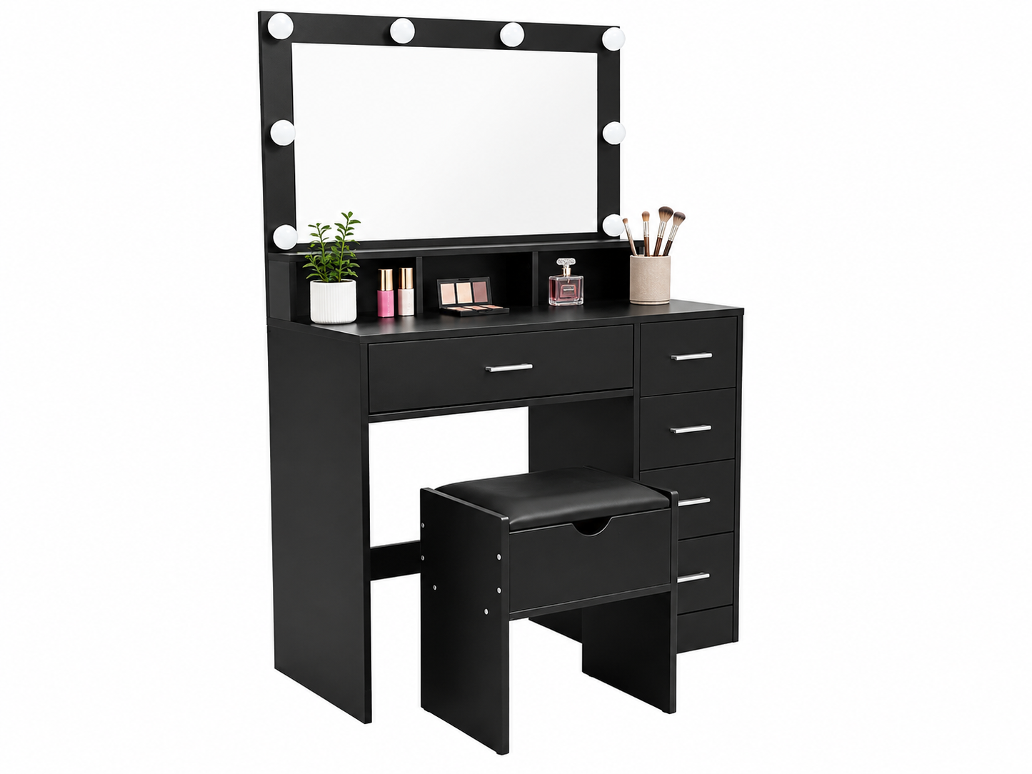 CURA Dressing Table with Mirror 5 Drawers Shelves Power Outlet and Stool
