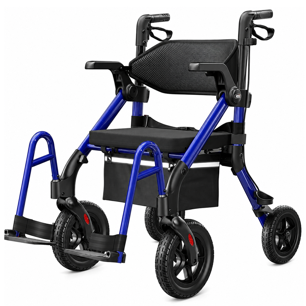 Folding Mobility Walker 2 in 1 Folding Mobility Walker Rollator Transport Wheelchair with Seat