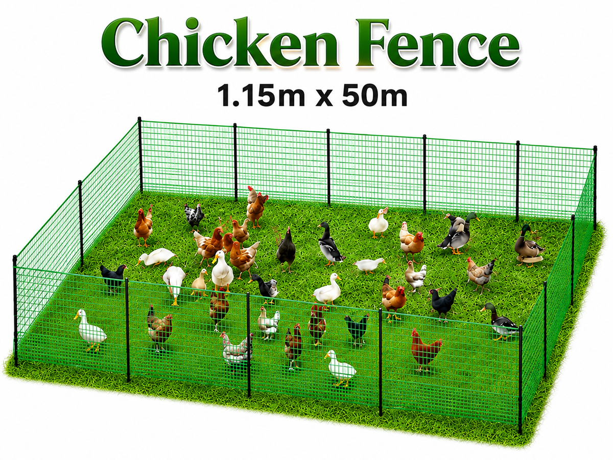 Chicken Fence 1.15M X 50M Portable Poultry Netting with Posts Gate Ground Pegs and Guy Ropes