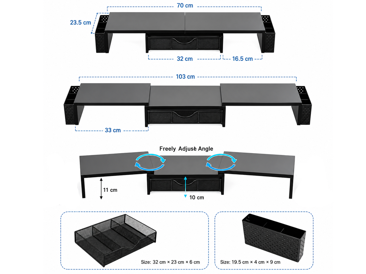 Dual Monitor Stand Riser White Metal Monitor Stand with Drawer & 2 Pen Holders
