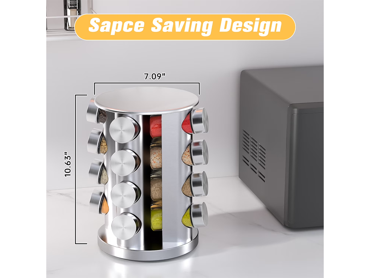 Spice Rack Stand Carousel 16 Jar Rotating Stainless Steel Spice Organizer with Glass Jars, Labels, Funnel & Pen