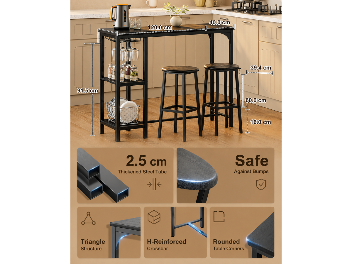 Bar Table Set 3 Piece Counter Height Dining Table with 2 Stools Storage Shelves
