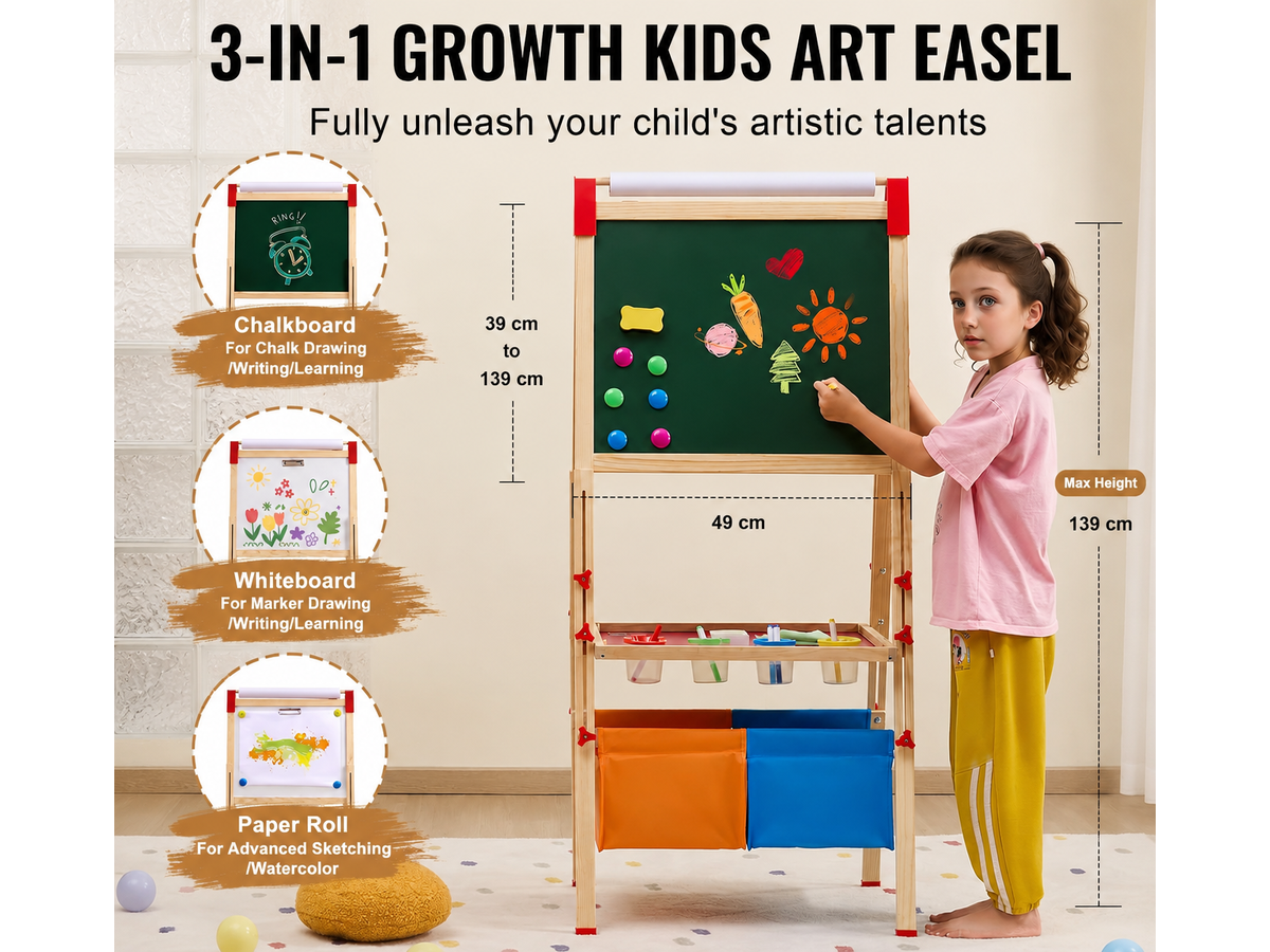 Magnetic Whiteboard Chalkboard with Paper Roll Wooden Art Easel
