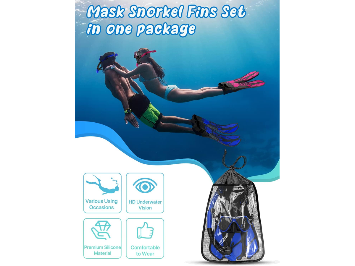Mask Fins Snorkel Set Panoramic Tempered Glass Mask Dry Top Snorkel Adjustable Fins