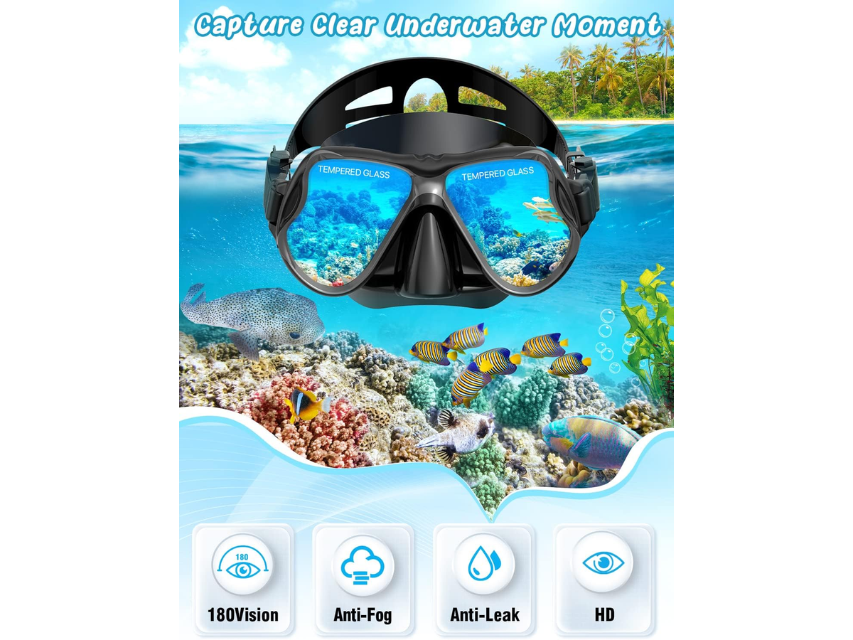 Mask Fins Snorkel Set Panoramic Tempered Glass Mask Dry Top Snorkel Adjustable