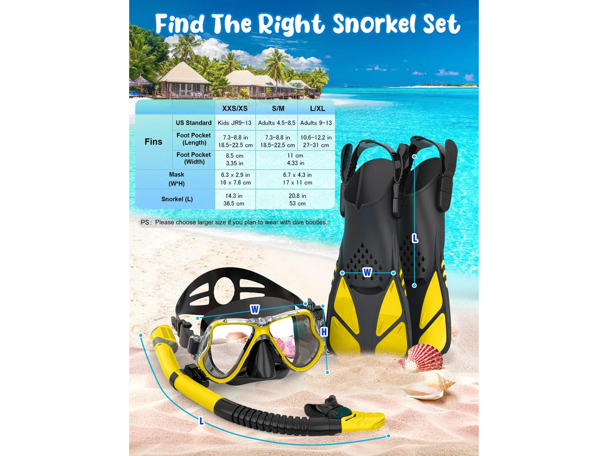 Mask Fins Snorkel Set Panoramic Tempered Glass Mask Dry Top Snorkel Adjustable