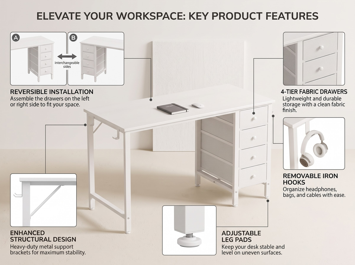 Computer Desk with Drawers Reversible 4 Drawer Home Office Writing Desk