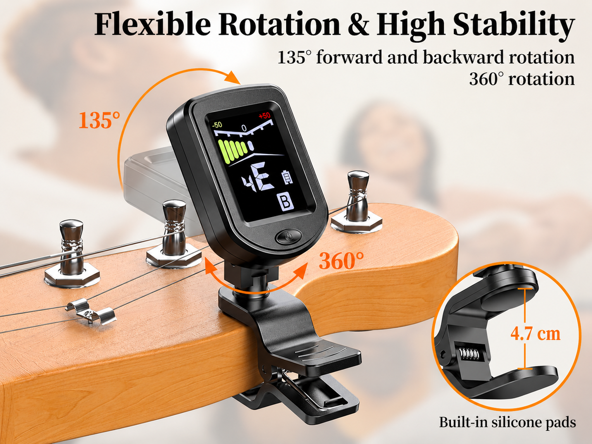 Rechargeable Digital Guitar Tuner Clip On Chromatic Tuner with Colour Display