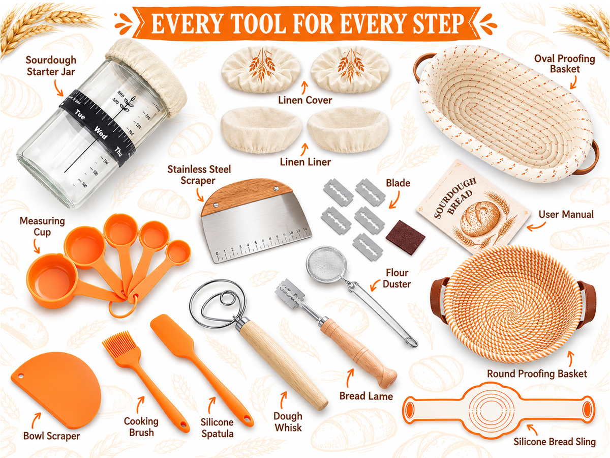 Sourdough Starter Kit Complete Bread Baking Set with Proofing Baskets Jar and Bread Making Tools